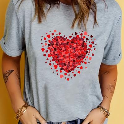 TEMU Valentine's Day Women's Casual Short Sleeve T-shirt - Romantic Heart & Letter Print Round Neck Top, Soft Pink Machine-washable Tee For Casual Attire & Celebrations, Seasonal Fashion, Fabric Image