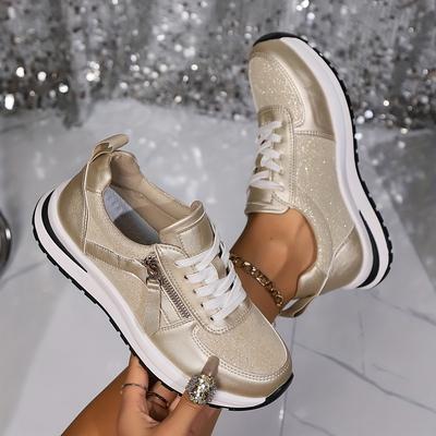 TEMU Women's Glittery Golden Sneakers - Casual Lace-up Low Top With Round Toe, Lightweight Rubber Sole, , Casual Footwear | Glittery Sneakers | Laceup Sneakers Image