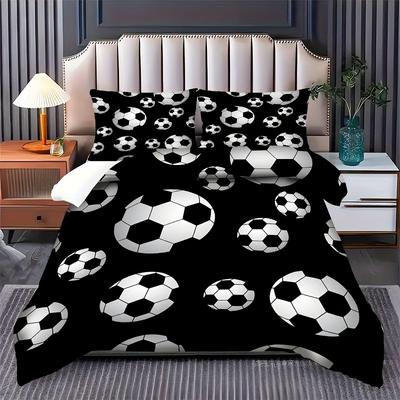 TEMU 2/3pcs Set Of Comfortable Black Background Football Sports Theme Pattern, Bedding Set, Duvet Cover Set, Zipper Design, Machine Washable (1 Duvet Cover + 1/2 Pillowcases, No Filling) Image