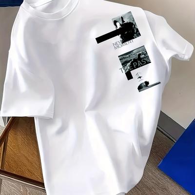 "TEMU Men's Casual Crew Neck T-shirt With "moment" & "past" - White, Short Sleeve, Lightweight & Stretchy, Summer, Casual Attire Tee | Graphic Tee | , Plus Size" Image