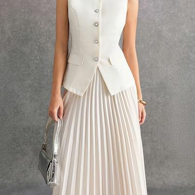 TEMU Women's Elegant White Sleeveless Jacket And Skirt Set With Button Details - Spring/summer, Polyester Fabric, Stylish Crew Neck, Casual Attire| Skirt|polyester Outfi Image