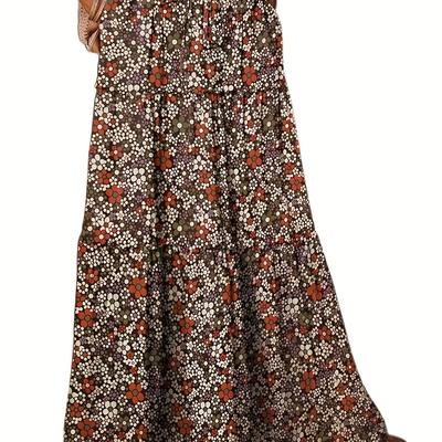TEMU Women's Bohemian Floral Print High-waist A-line Pleated Maxi Skirt - Vibrant Brown & Yellow , Casual Beach , Non-stretch Fabric, Summer Skirt Image