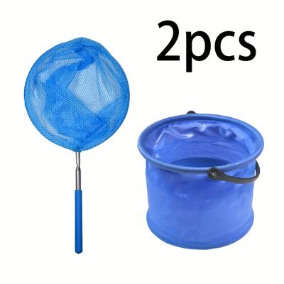 TEMU 1 Folding Bucket With Handle And Fishing Net - Portable, Durable, Design For Beach, Travel, Outdoor Garden Parties, Camping, Picnics, Fishing, And Hiking - In Blue, Orange, Green Image