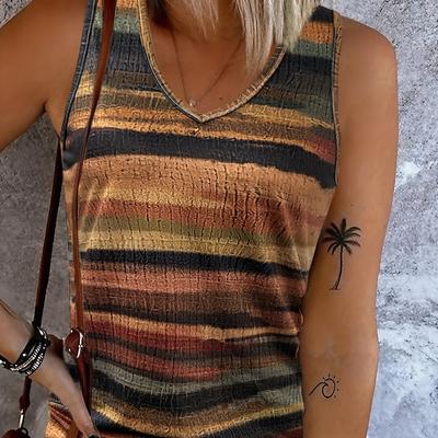 TEMU Women's Summer Striped V-neck Tank Top - Casual , Stretchy Polyester & Elastane Blend, Off-shoulder Design, Vibrant Tropical Print, Lightweight & Breathable For Beach Or Summer , Cute Summer Tops Image