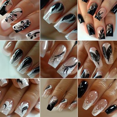 TEMU 216pcs Chinese Shiny Glitter Elegant Striped Classic Fake Nails 3d Rhinestone Hollow Design Press-on Nail Set For Women And S, Includes Jelly Glue And Nail File Image