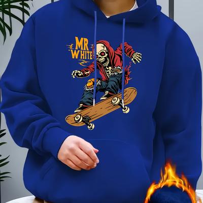 TEMU Men' Skull Skateboard Print Hoodie Casual 100% Polyester Long Sleeve Pullover With Drawstring Hood, Knit Fabric With Stretch, Cartoon Pattern - Regular Fit Hooded Sweatshirt Image