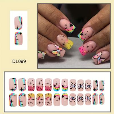 TEMU 24pcs Color Tone Cartoon & Gradient Square Medium Length Press-on Nails, Matte , With Jelly Adhesive & Nail File Kit, Removable Gel Nail Strips Image
