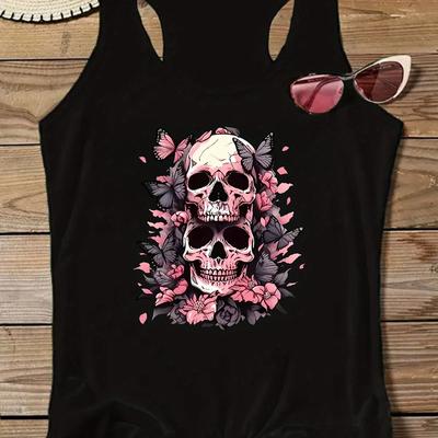 TEMU Women's Plus Size Skull Print Tank Top - Black Gothic Sleeveless Shirt With Floral & , Breathable Polyester Blend For Summer Casual Wear, Ladies Tank Tops Image