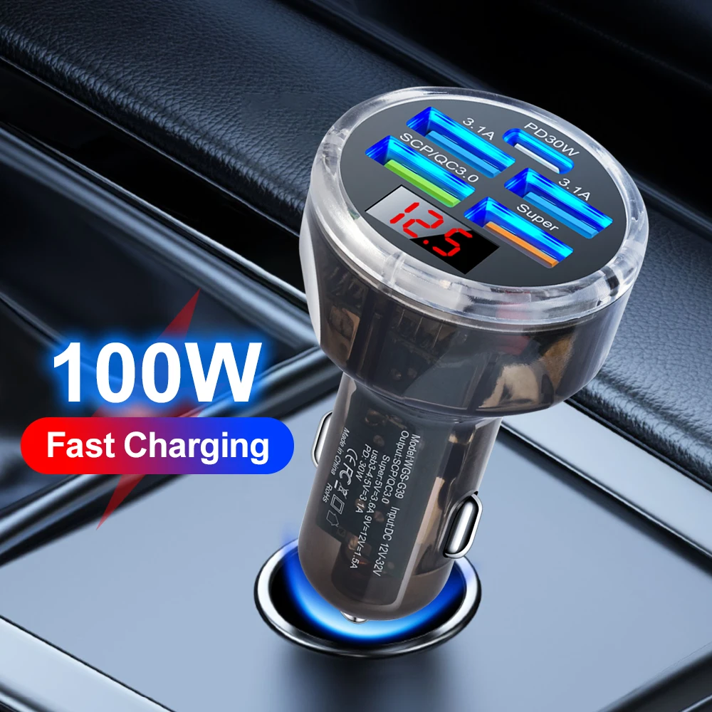100W 5 Ports Car Charger Fast Charging PD QC3.0 USB C Car Phone Charger USB Adapter in Car For iPhone Xiaomi Samsung Image