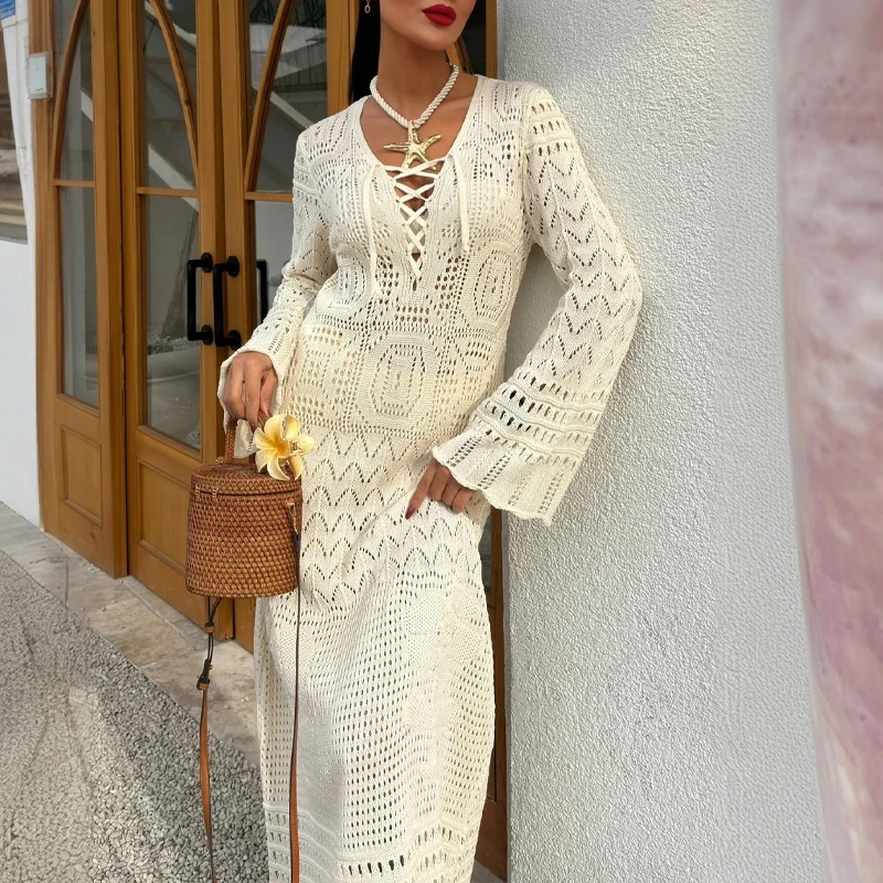 Frühling Sommer V-ausschnitt Spitze Up Hohl Gestrickte Kleid Sexy Strand Schlank Cover Up Maxi Kleid frauen Casual Langarm urlaub Kleid