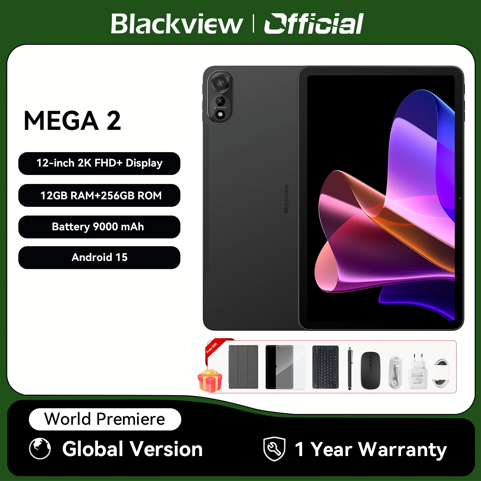 Blackview MEGA 2 Tablet-PC-Set mit Tastatur, Maus, Eingabestift, 12 Zoll 2K-Display 12 GB + 24 GB RAM 256 GB ROM, Android 15 Tablet, 9000 mAh Image