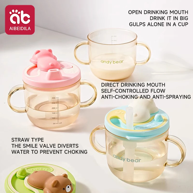 300 ml Baby Wasserflaschen Baby Fütterung Tasse Niedlicher Bär Mit Stroh Kinder Lernen Füttern Trinkflasche Kinder Trainingsbecher BPA frei Image