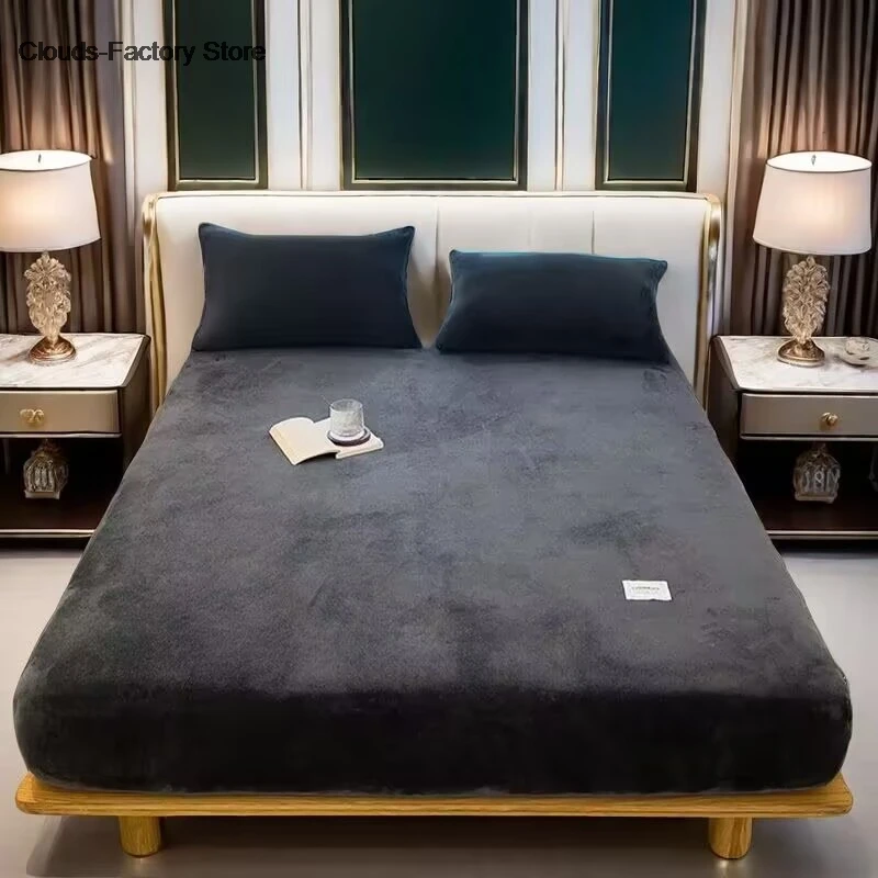 Winter-Plüsch-elastisches Spannbetttuch, Doppelbettlaken, weich, warm, Samt, Tagesdecke, Matratzenbezug, Bettschutz, 90, 120, 150, 180, 200 Image