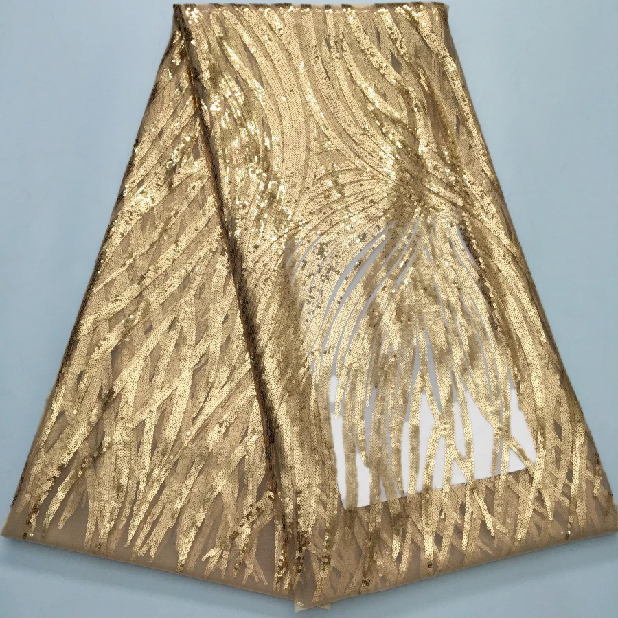 Goldener nigerianischer Mesh-Tüll-Spitzenstoff – hochwertige Pailletten-Stickerei, Braut- und Abendkleider, Textil zum Nähen, 5 Yards Image