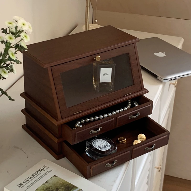 Holz Schmuckschatulle Große Kapazität Ring Ohrring Aufbewahrungsboxen Damen Armband Organizer Schublade Vintage Desktop Schmuckschrank