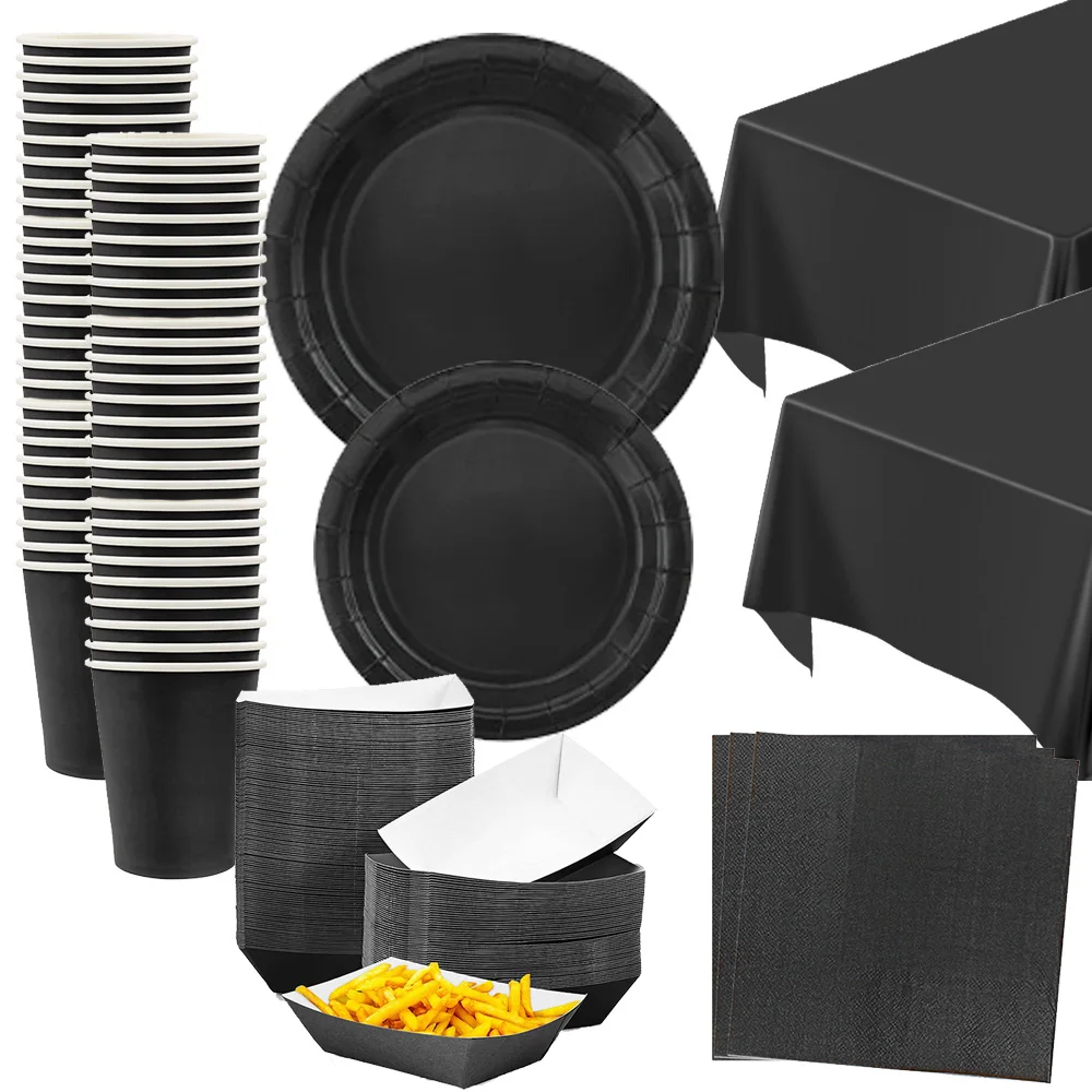 Schwarz Partyzubehör Geschirr Pappteller Servietten Tassen Einfarbig Partyzubehör Geburtstag Babyparty Partydekorationen Image