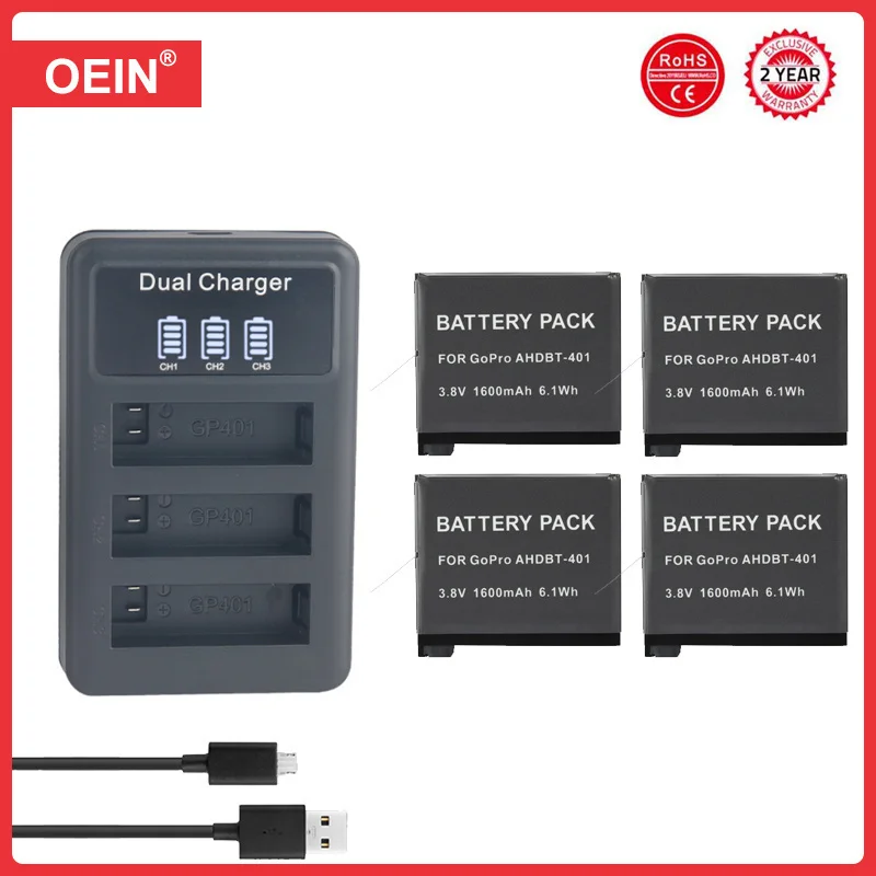 4 Stücke 1600 mAh Für GoPro Hero 4 Hero4 batterie + Ladegerät für go pro AHDBT-401 HERO4 Schwarz Silber action kamera zubehör Image