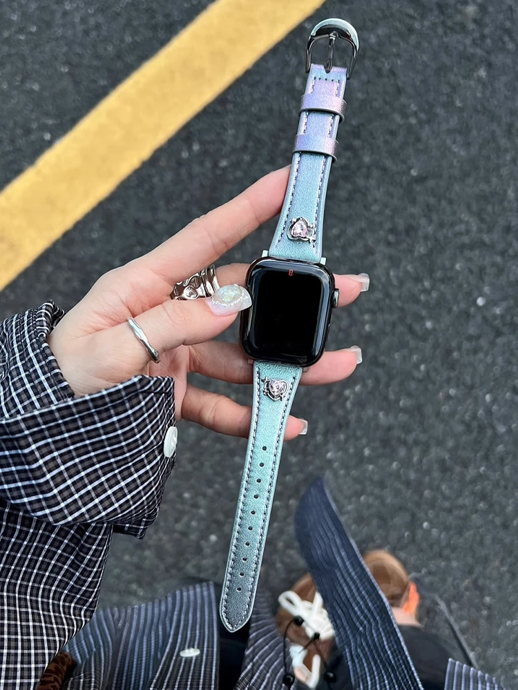 Farbverlauf Lederband für Apple Watch 38mm 40mm 41 42 45mm 46mm 49mm schlankes Mädchen Armband für iwatch ultra 10 9 8 7 se 6 5 4 Image