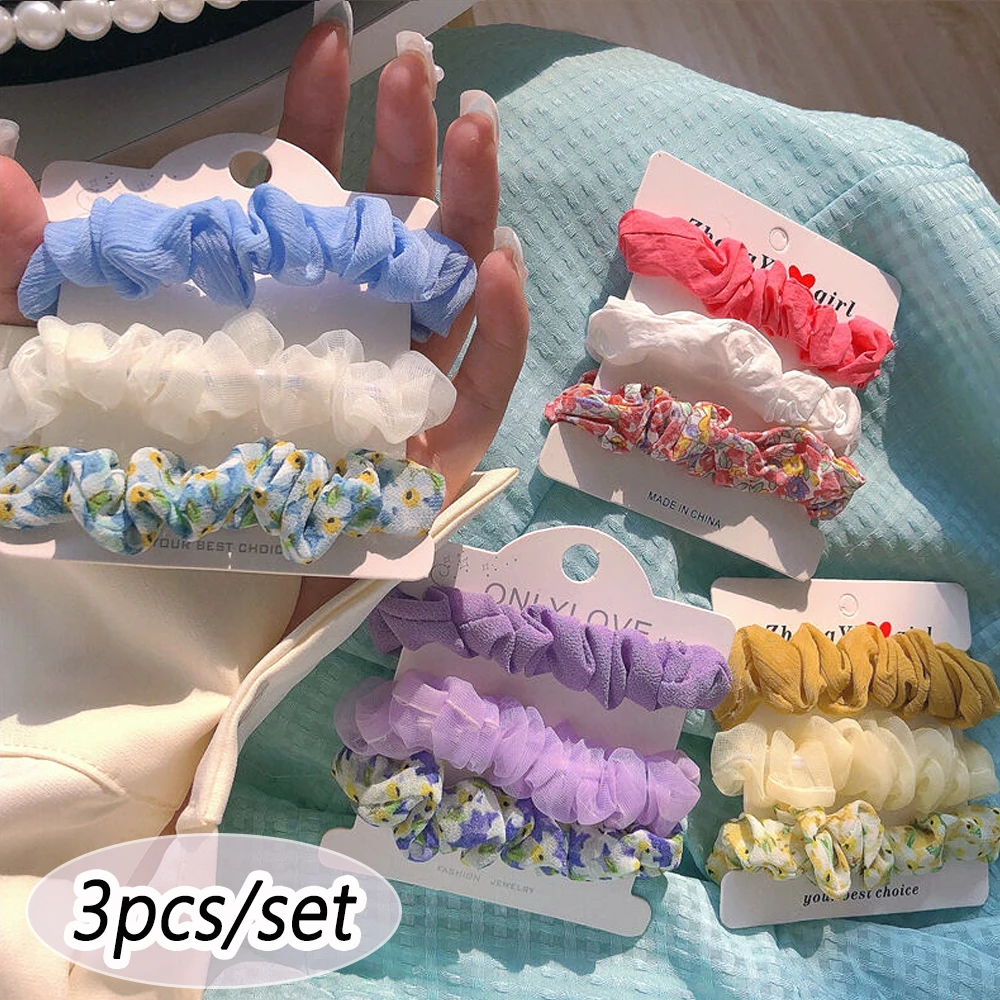 3 teile/satz Gemischte Farbe Haar Krawatten Blumenmuster Seide Satin Scrunchies Pferdeschwanz-halter Keine Schäden Haar Seil Für Frauen Mädchen Image