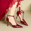 Rote High Heels Frauen Schuhe Hohl Spitz Pumpen Mode T-typ Knöchel Schnalle Damen 2025, Neue Sexy
