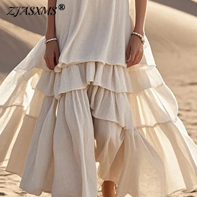 Abiti Abiti lunghi a pieghe a strati con scollo a V sexy Abiti primaverili in lino di cotone solido Abito estivo senza maniche per le vacanze Abito da spiaggia