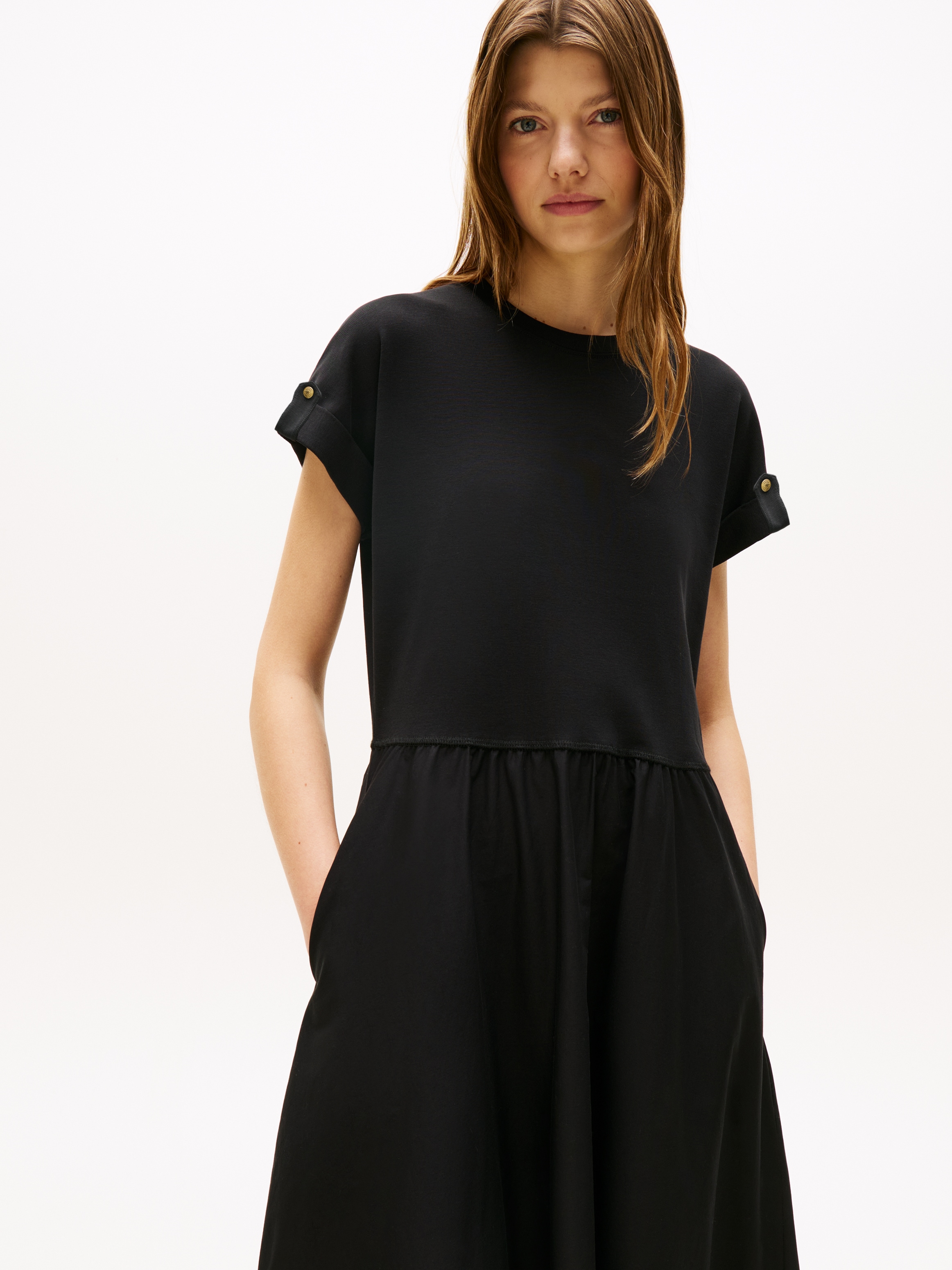 A-Linien-Kleid TOMMY HILFIGER "MODERN CODY MIDI MIX F&F DRS", Damen, Gr. S (36), N-Gr, schwarz, Web, Obermaterial: 97% Baumwolle, 3% Elasthan, unifarben, regular fit, Rundhals, Kleider Image