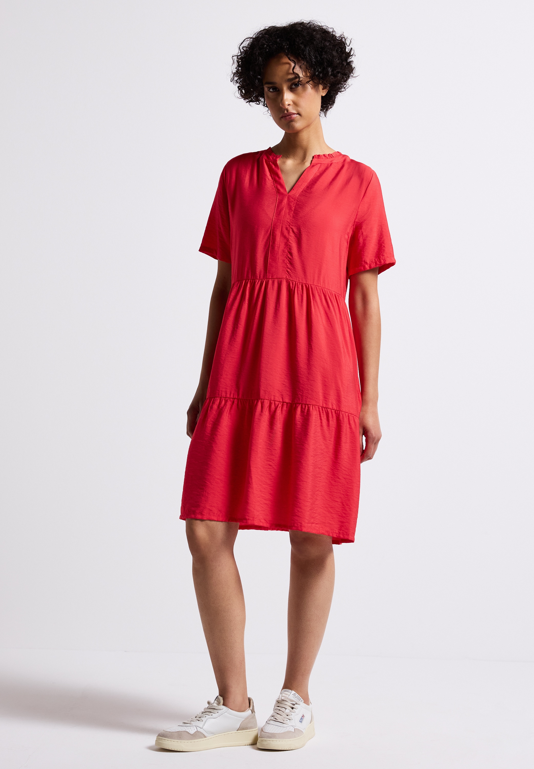 Tunikakleid STREET ONE, Damen, Gr. 42, EURO-Größen, rot (glory rot), Stoff, 88% Viskose, 12% Polyamid, unifarben, normal kniefrei, Rundhals, abgesteppt, Kleider, mit Volant