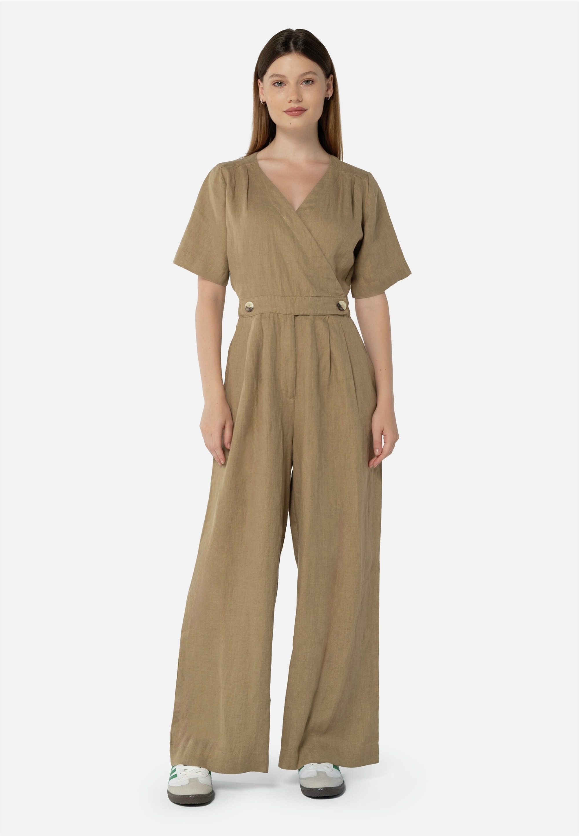 Jumpsuit FRESHLIONS "Kira", Damen, Gr. L, EURO-Größen, braun, 100% Leinen, lang, V-Ausschnitt, Overalls Jumpsuit, im klassischen Design