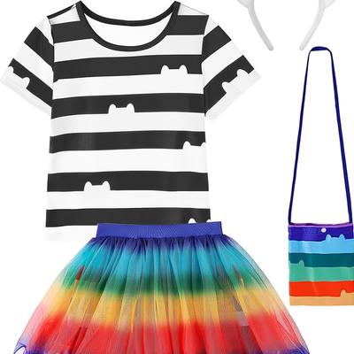 TEMU Striped Top + Tutu Skirt With Matching Bag & Headband - , Carnival, Easter, Or Parties, Cute Outfit Image