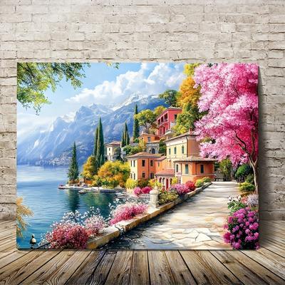 TEMU [ Landscape] Scenic Canvas Wall Art With Wooden Frame – Vibrant Lakeside Landscape With Houses, Ready To Hang, 11.8x15.7 Inches, Bedroom, Kitchen, Office, Or Farmhouse Decor, 2d, Room Decor Image