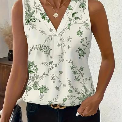 TEMU Elegant Floral Print Women's Sleeveless V-neck Vest - Lightweight Summer Top With Patterns, Casual Image