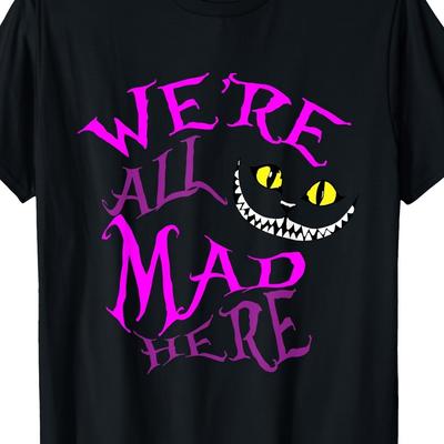 TEMU Men's Cheshire 'we' Mad Here' Graphic T-shirt - 100% Cotton Black Tee With Purple Cat , Short Sleeve Casual Shirt, Machine Washable Regular , Quirky Fashion | Design | Image
