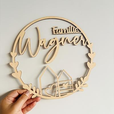 TEMU Personalized Family Name Wooden Circle Sign - Custom Black Wood Wedding Door Decor With Heart & House Design, Home Or Gift Use, Wedding Decorations Image