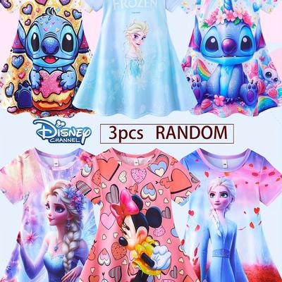 TEMU 3pcs Girls' Summer New 3d Tie-dye Printed Stitch Princess Cartoon Pattern Short Sleeve Dress Comfortable And Cool Suitable For Home, Party, Shopping, School, Etc Image