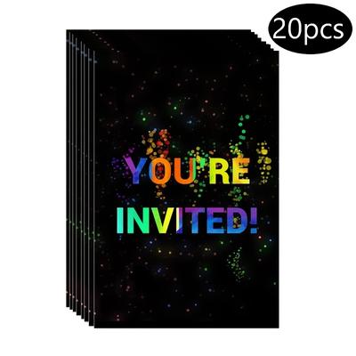 TEMU 20pcs, Neon Color Party Polka Dot Style Invitation Cards, Birthday Party Invitations, Boy And Girl Neon Party Invitations, Double-sided Design, Suitable For Birthdays And Other Parties Image
