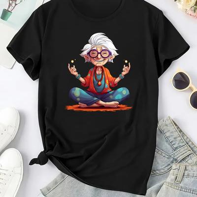 TEMU Women's Casual Short Sleeve T-shirt With Whimsical Meditating Grandma Graphic - Round Neck Tee, Machine Washable For Casual Attire Image