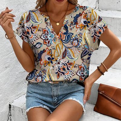TEMU Women's Floral Print V-neck Short Sleeve T-shirt Image