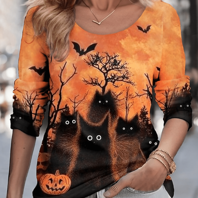 TEMU Women's Halloween Hoodie, Casual Crew Neck Long Sleeve Pullover With Pumpkin Bats Print, 95% Polyester 5% Elastane, Knit Fabric, Regular Fit, All - 180gsm Image