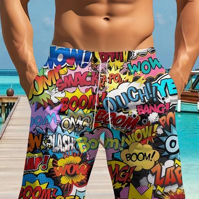 "TEMU Men's Vibrant Comic-style Graphic Swim Shorts - "boom!" & "!" Design, Lightweight & Stretchy, Beach & , Casual Summer Wear| Print Shorts|stretchy Material" Image