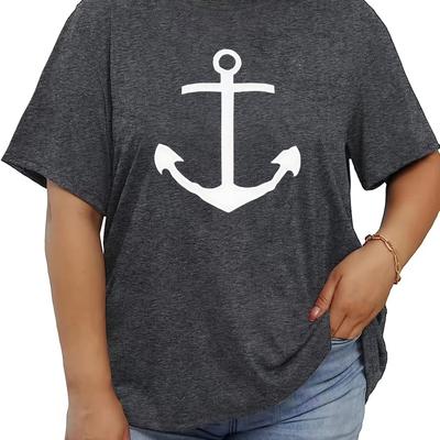 TEMU Plus Size Women's Anchor Print T-shirt - Casual Crew Neck, Short Sleeve, Polyester Knit Top With Applique Detail, Versatile For All Image