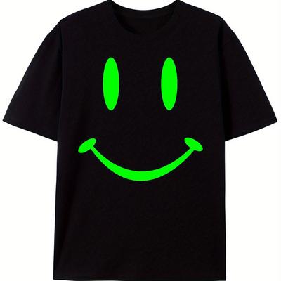 TEMU Men's -the-dark Retro Smile Graphic T-shirt - Black Casual Short Sleeve Tee With Neon Green Happy Face Print, Machine Washable, Round Neck, Wear, Tee Shirts Image