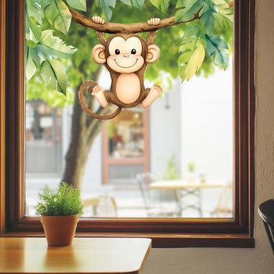 TEMU 1pc Monkey & Green Leaves Window Sticker - Self-adhesive Pvc, Semi-, Thickness, For Home Decor, Window Decoration | Design | Sticker, Window Sticker Decor Image