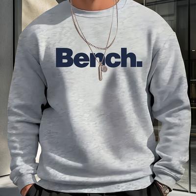 "TEMU 250g Men's Casual Crewneck Sweatshirt With "bench." Graphic Print - Relaxed Fit, Machine Washable, Spring/fall Essential For Men 18-, Everyday | | Textured Fabric" Image