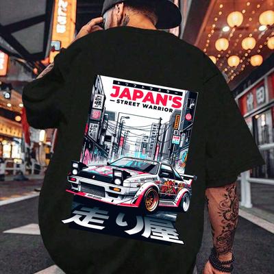TEMU Men's With Japan Car Print – Casual Summer Wear, Round Neck, Short Sleeve, Graphic Design, Comfortable Fabric For Everyday Use, Retro T Shirt Image