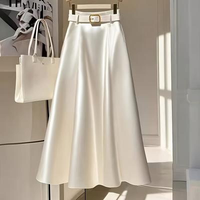 TEMU Elegant Solid Color A-line Skirt - Smooth , Flared Hem, No Belt, Versatile Dress, A-line Skirt|flared |smooth Texture Image