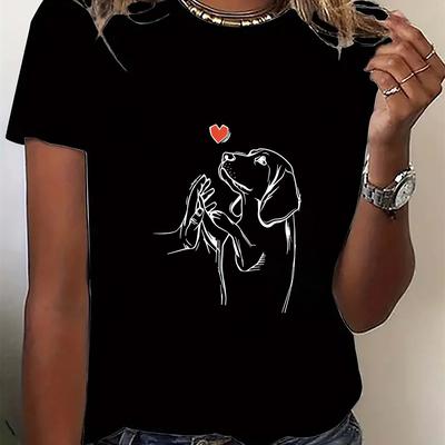 TEMU Women's Casual Short Sleeve T-shirt With Cartoon Dog & Heart Print - Gray, Fabric, Round Neck, Machine Washable, , Cute T Shirts, Comfortable Clothing, Relaxed Fit Shirt, Nontransparent Material Image