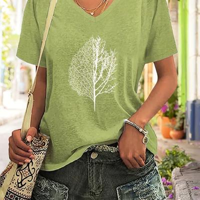 TEMU Women's Casual V-neck Short Sleeve T-shirt - Print, Soft Polyester Blend, Lightweight & Breathable For , Short Sleeve Blouse Image