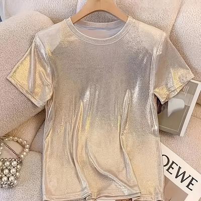 TEMU Elegant Solid Color Round Neck T-shirt - Vibrant Red, 95% Polyester 5% Elastane Blend, Medium Stretch, Machine Washable, Spring/summer Casual & Formal Wear Image