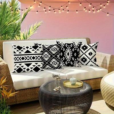 "TEMU 4pcs Outdoor Thermal Pillow Covers, Modern Abstract Geometric Stripe Black And White, 17.72" X 17.72" - Suitable For Patio, Garden, Terrace Furniture, And Swing-ready Chairs, 2,740pcs" Image