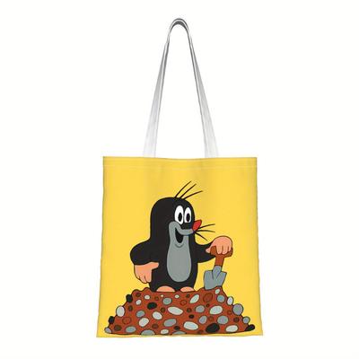 TEMU Biihudu Cartoon Canvas Tote Bag – Fun Yellow Shopping Bag With Black & White Cartoon Design, Fixed Shoulder Straps, No-closure Top For , Daily Use Or Gift Image